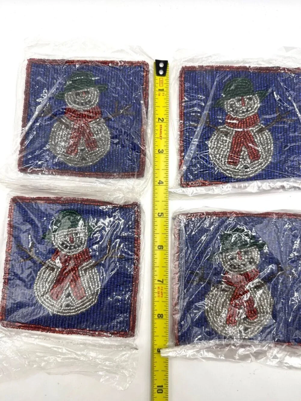 Crate & Barrel Christmas Coasters Glass Beaded Snowman 4 Silk Back Holiday Decor